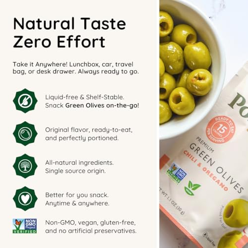 Image of POSHI Green Pitted Olive Snack Packs, Chili & Oregano, 1.1 oz (Pack of 30)