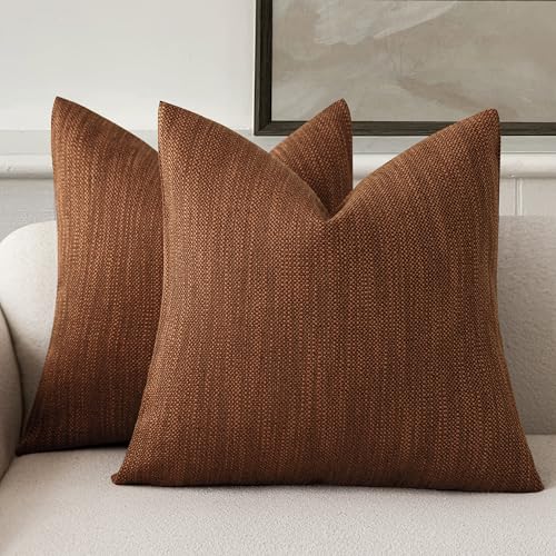 Image of Foindtower Set of 2 Decorative Textured Burlap Linen Throw Pillow Covers Farmhouse Boho Cushion Cover Solid Accent Pillowcase for Couch Sofa Bed Living Room Home Decor,20x20 Inch,Dark Rust Brown