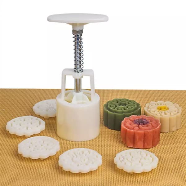 SARVASHVA TRENDS Moon Cake Mold 4 Pcs, Mid Autumn Festival DIY Hand Press Cookie Stamps Pastry Tool Moon Cake Maker, Flower Mode Patterns 1 Mold 4 Stamps 50g (White)