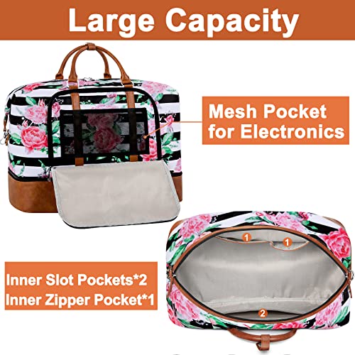 Image of Travel Weekender Bag for Women, Overnight Bag with Shoe Compartment Oversized Travel Duffel Bag Carry On Tote 21 inch, M-Flower Black & White Strips, Large, Weekender Bag