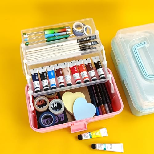 Image of Tackle Box Organizers and Storage,10inch Craft Organizers and Storage,Three-Layer Sewing Box With 2 Trays,Medicine Storage Box With Handle For Nail、Makeup、Diamond Painting、Building Blocks (PINK)