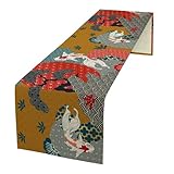 ShiTingYu Japanese Koi Table Runner, Luxury Asian Style Oriental Line Art Abstract Geometry Cherry Blossoms Wave Traditional Elements Table Runner for Kitchen Home Party Dinner Set, 13x36 Inch