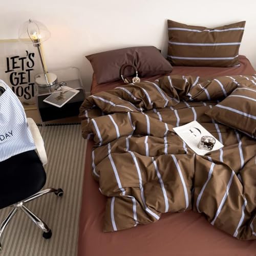Image of Striped Duvet Cover Set King Size Brown Blue Stripes Comforter Cover Vintage Geometry Stripe Soft Breathable Microfiber Bedding Set for All Seasons with Zipper Closure and 2 Pillowcases
