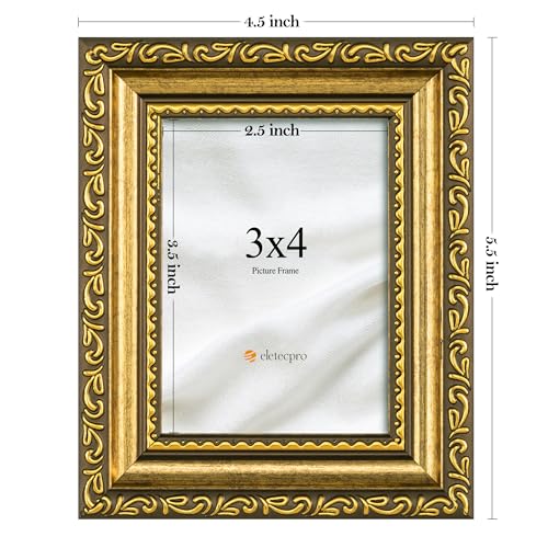 Image of eletecpro 3x4 Vintage Picture Frame, Glass Cover, Gold, 2-Pack | Display Photo 3x4, Horizontal or Vertical, Tabletop Decor