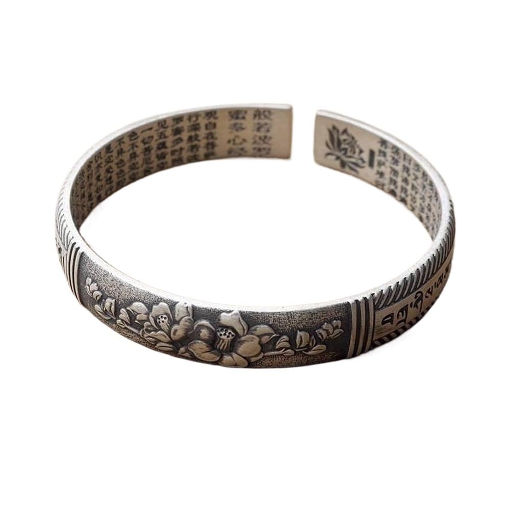 Bracciale rigido alla moda, bracciale rigido in argento 999 con detti buddisti Bracciale con detti buddisti femminili Fiore che sboccia Ricchezza e peonia Bracciale in argento I braccialetti possono e