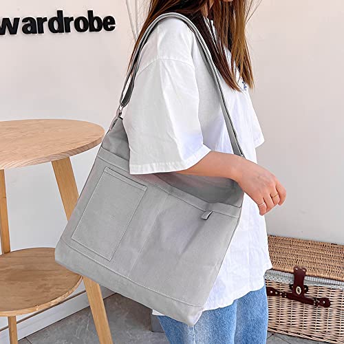 Image of Cotton Tote Handbag Women Canvas Crossbody Beach Bag Hobo Shoulder Tote Bag with 3 External Pocket,Zipper Closure