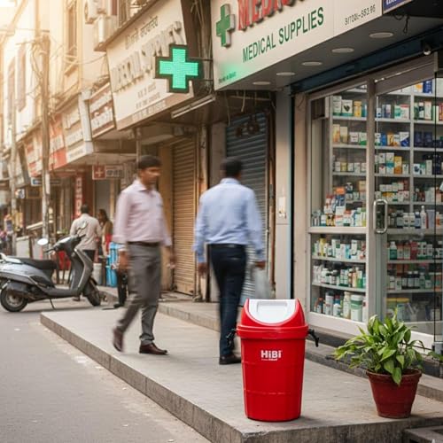 Image of HiBi 75 Litre Dustbin - Large Outdoor Waste Bin | Heavy Duty Garbage Container | Durable Plastic Trash Can for Home, Office, Hospitals, Public Areas (Red Colour)