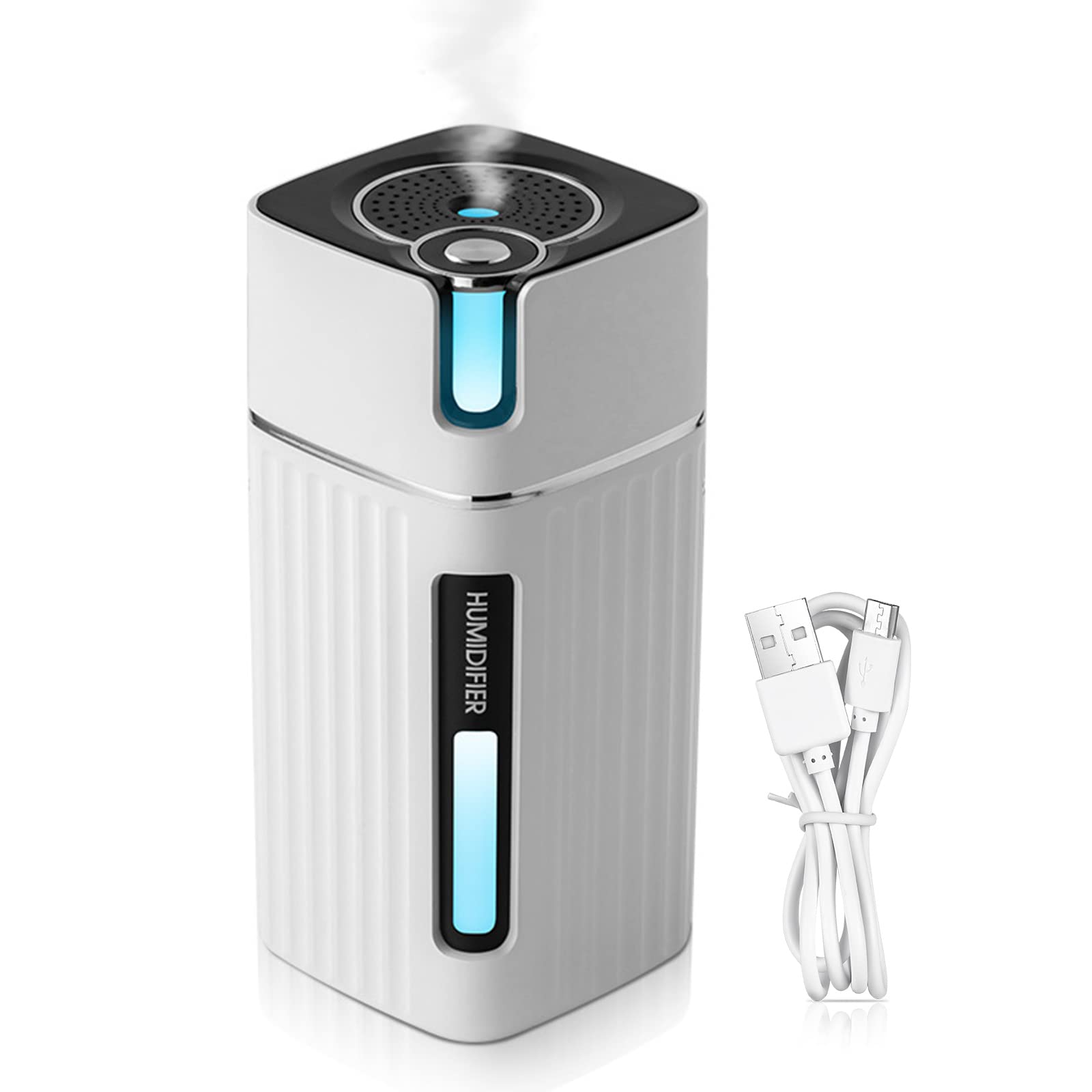 H HOLDPEAK Mini Car Humidifier, USB Portable Humidifiers with 7-Color Mood Light, 300ml Desktop Cool Mist Air Humidifier with 2 Mist Modes, Quiet Personal Humidifier for Home, Office, Bedroom, Car