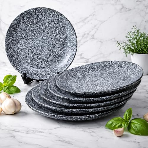 Image of Ceramic Plate Set,10 inches - Set of 6 Large Size Dinner Plate for Snacks, Appetizers etc. Handmade Stoneware Dinner Plate (Blue) (Black Marble)