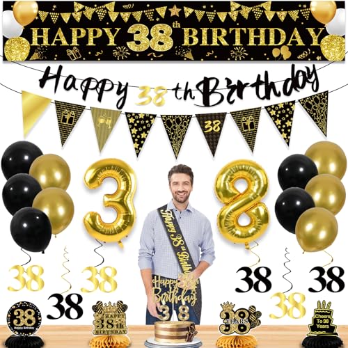 Image of 38th Birthday Decorations for Men, Black Gold 38th Party Decorations | 27pcs Happy 38th Birthdays Set: Banner, Honeycomb, Balloons, Gold Number, Candle, Hanging Swirls, Cake Topper, Party Supplies