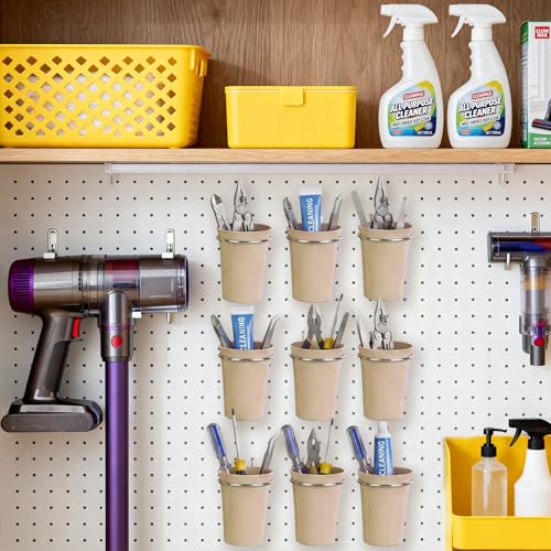 Image of Pegboard Cups With Loops, 9 Pack Khaki Peg Board Pencil Holder Organizer | 1 /8 inch 1 /4 inch Pegboard Accessories, Plastic Hanging Organizer Cups, Tool Organizer Set for Garage Craft Workshop Hobby Storage