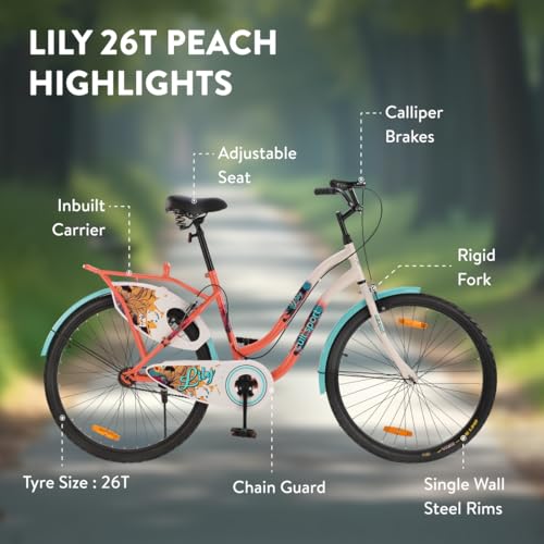 Image of CULTSPORT by Cult Lily Cycle for Girls /Women 26 inch, Bicycle for 13+Years with Steel Frame & Inbuilt Carrier I 85% Assembled with Rigid Fork, Frame Size :15 inch, Womens, Peach