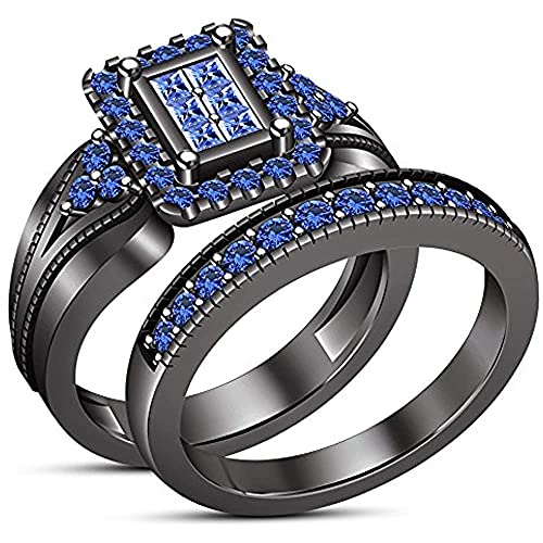 Princess & Round Cut Created Blue Sapphire His & Hers 3-pcs Engagement Ring Band Set 925 Sterling Silver 14K Black Gold Plated2