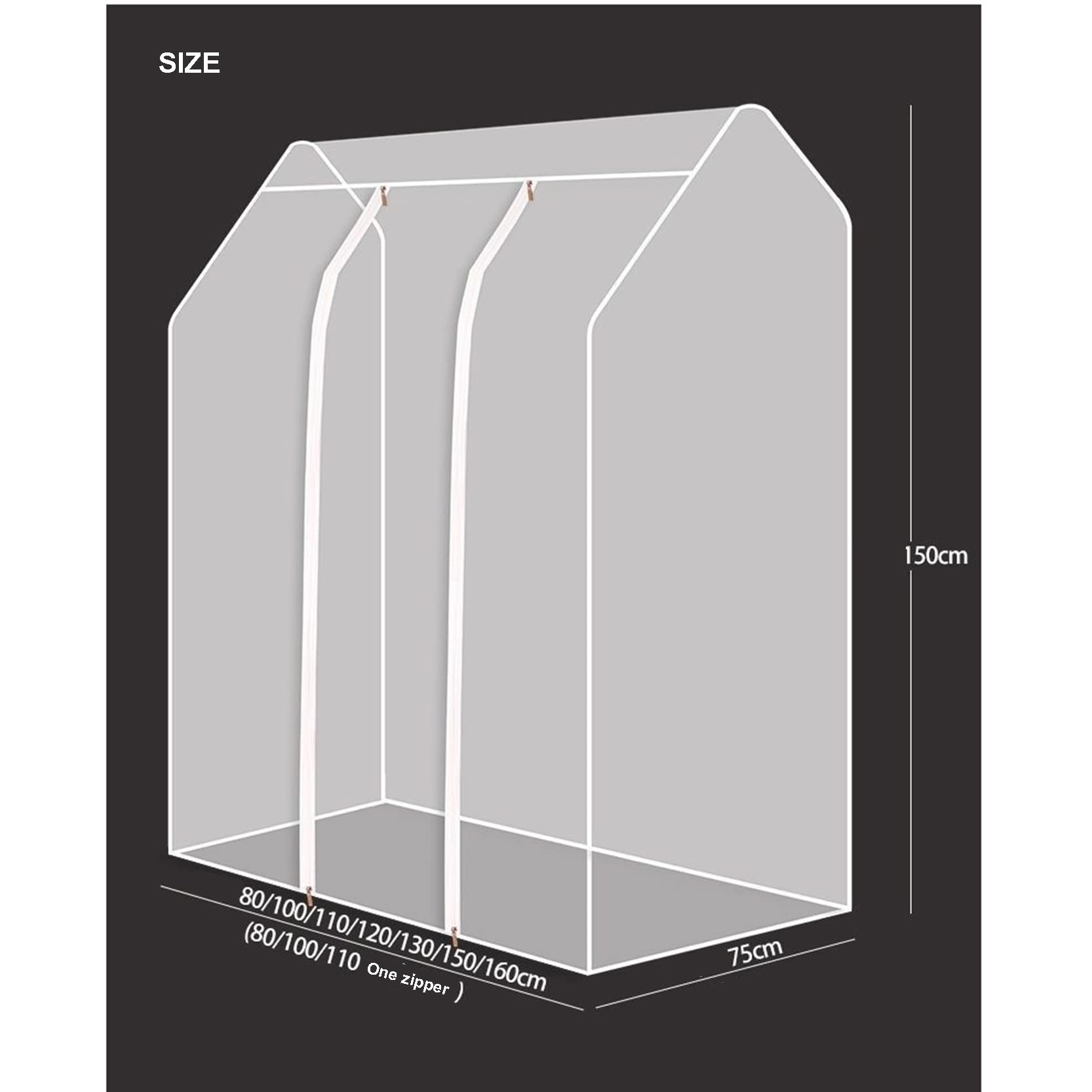Funda para perchero de ropa, a prueba de polvo, transparente/translúcida, impermeable, bolsa colgante con cremallera duradera para organizador de almacenamiento de ropa, B-150 x 75 x 150