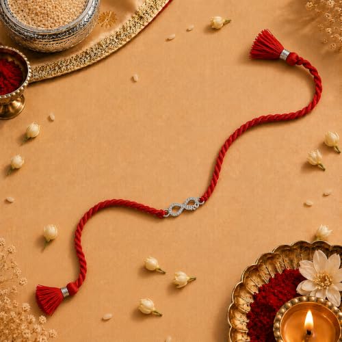 Image of MAIRA 925 Sterling Silver Premium Designer Bracelet Rakhi for Brother | Handmade Raksha Bandhan Sacred Thread with Silver-Tone Geometric Charm & Adjustable Red Braided Cord | Traditional Festival Rakhi Gift (FLOWER)
