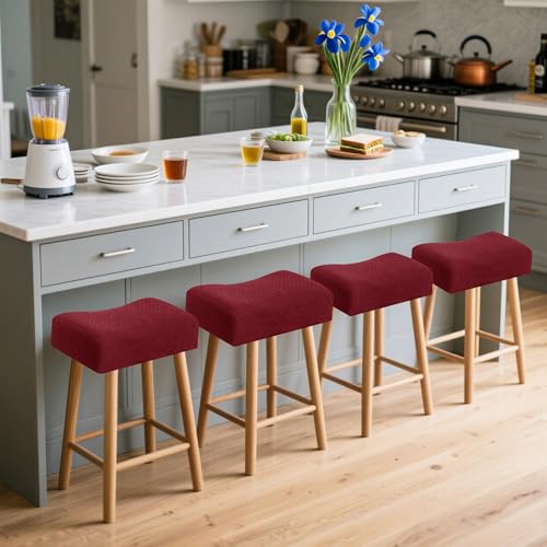 Image of Waterproof Saddle Bar Stool Covers Set of 4 Stretch 14x18Inch Rectangle Burgundy Barstool Covers Counter 4 Pack Jacquard Washable