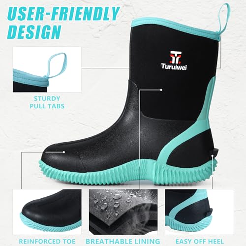 Image of Rubber Boots for Women,Rain Boots with Steel Shank, Waterproof Insulated Mid Calf Neoprene Garden Boots, Anti-slip Outdoor Boots Multi-season