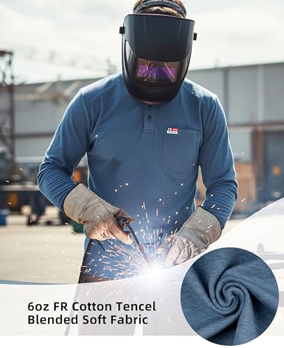 Image of BOCOMAL FR Shirts for Men Long Sleeve EX Soft Flame Resistant Henley CAT2 | NFPA2112 6oz Midweight Cotton Knit Heather Series,Moisture-Wicking /Breathable,Chest Pocket,Rib-Knit Cuffs,Summer Work T Shirt