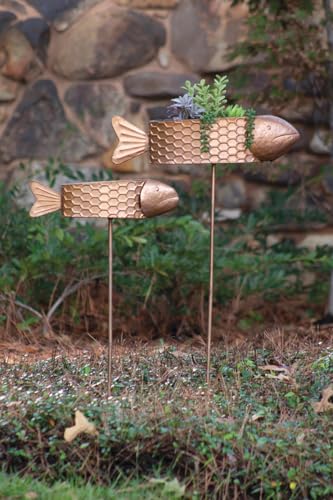 KALALOU Fish Planter Yard Stakes with Copper Finish, Set of 2, Metal, Outdoor Decor