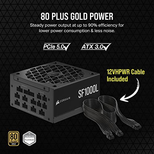 Image of Corsair SF1000L Fully Modular Low-Noise SFX Power Supply - ATX 3.1 & PCIe 5.1 Compliant - Quiet 120mm PWM Fan - 80 Plus Gold Efficiency - Zero RPM Mode - 105C-Rated Capacitors - Black