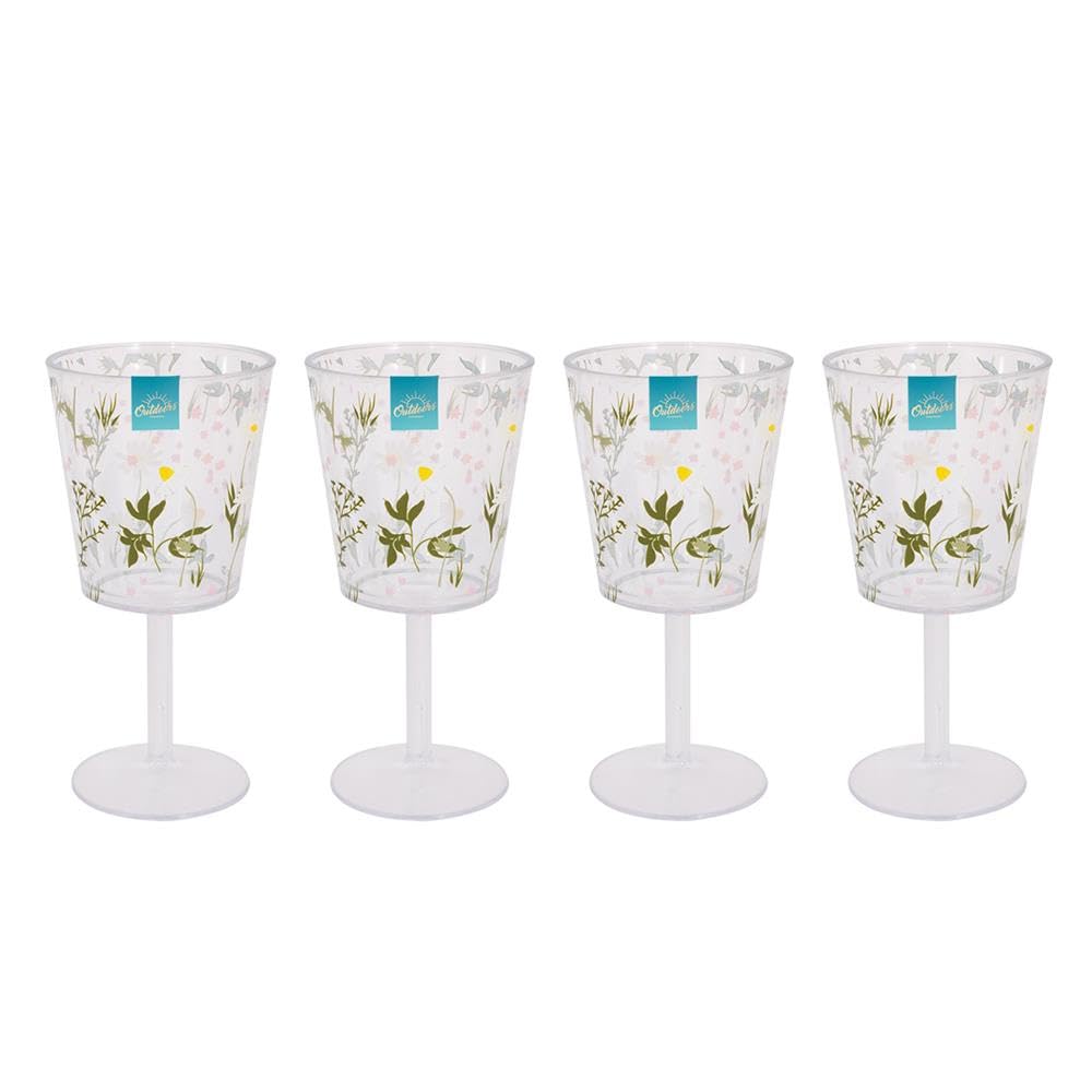 YöL Set of 4 Wine Goblets Daisy Print Plastic Summer Picnic Outdoor Dining BBQ Juice Water Lightweight Cups Glasses