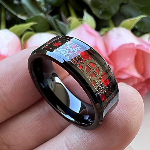 8mm Carbon Fiber Steampunk Gear Tungsten Rings for Men and Women