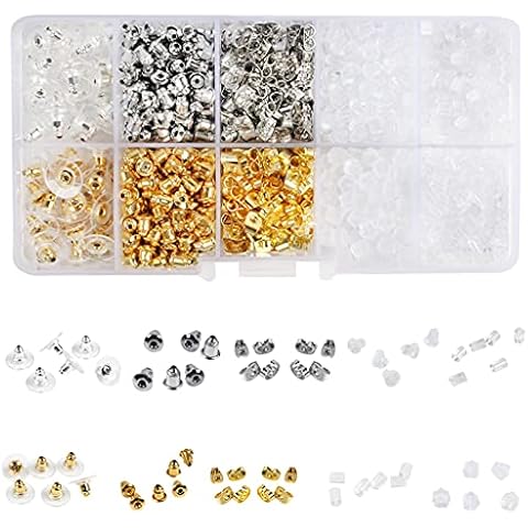OWUDE 1000 Pieces Earring Backs, 10 in 1 kit Metal Rubber Plastic Earring Back, Bullet & Butterfly & Round Shape Earring Safety Backs for Studs Earring Accessories, 10 Styles (Clear;Gold;Silver) Cover