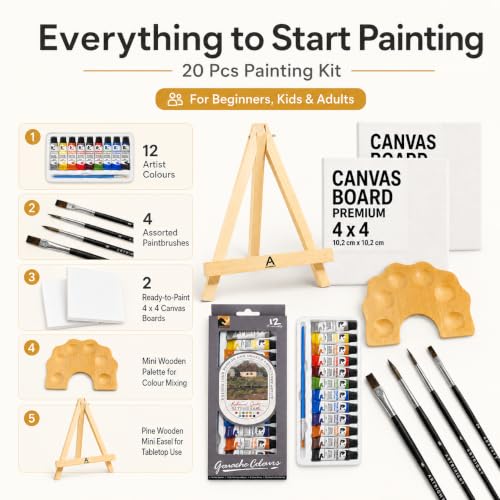 Image of Professional Painting Kit 20pcs, Paintbrush 4, Colours 12, Mini Palette 1, Canvas Board 2, Pine Wooden Mini Easel 1, Canvas Board 4x4 inch, Ideal for Begginners, Kids & Adults