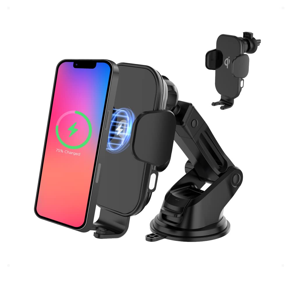 Gigastone Qi Wireless Car Charger 15W Fast Charge, Auto-Clamping Air Vent Dashboard Phone Holder Mount, Fast Charging for iPhone 15/14/13/12/11/X, Galaxy S22/S20, Note 20/10, iPad, Pixel,Xperi