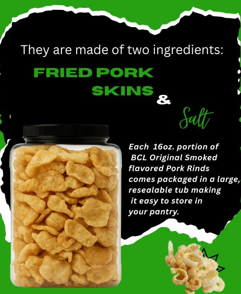 (2) Original Smoked Fried Pork Rinds, 16oz Resealable Tub Premium Chicharrones Zero Carbs High Protein Crunchy Crackling Snacks Keto Paleo Friendly Party Food Guacamole Gourmet Snack Savory Treat