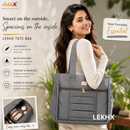 Image of LX LEKHX Tote Bag for Women | Lightweight Shoulder Handbag with 2 Main Zip Compartments & Multiple Pockets | Water Resistant Polyester Fabric | Office, Travel & Daily Use