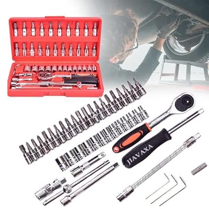 JIAVAXA 46 in 1 Pcs Combination Wrench Set/Socket Car&Bike Repairing Hand Tool Long Handle Kit 46pcs Combo Tools Repair Box for Spanner Force Kit,Tools,Set-
