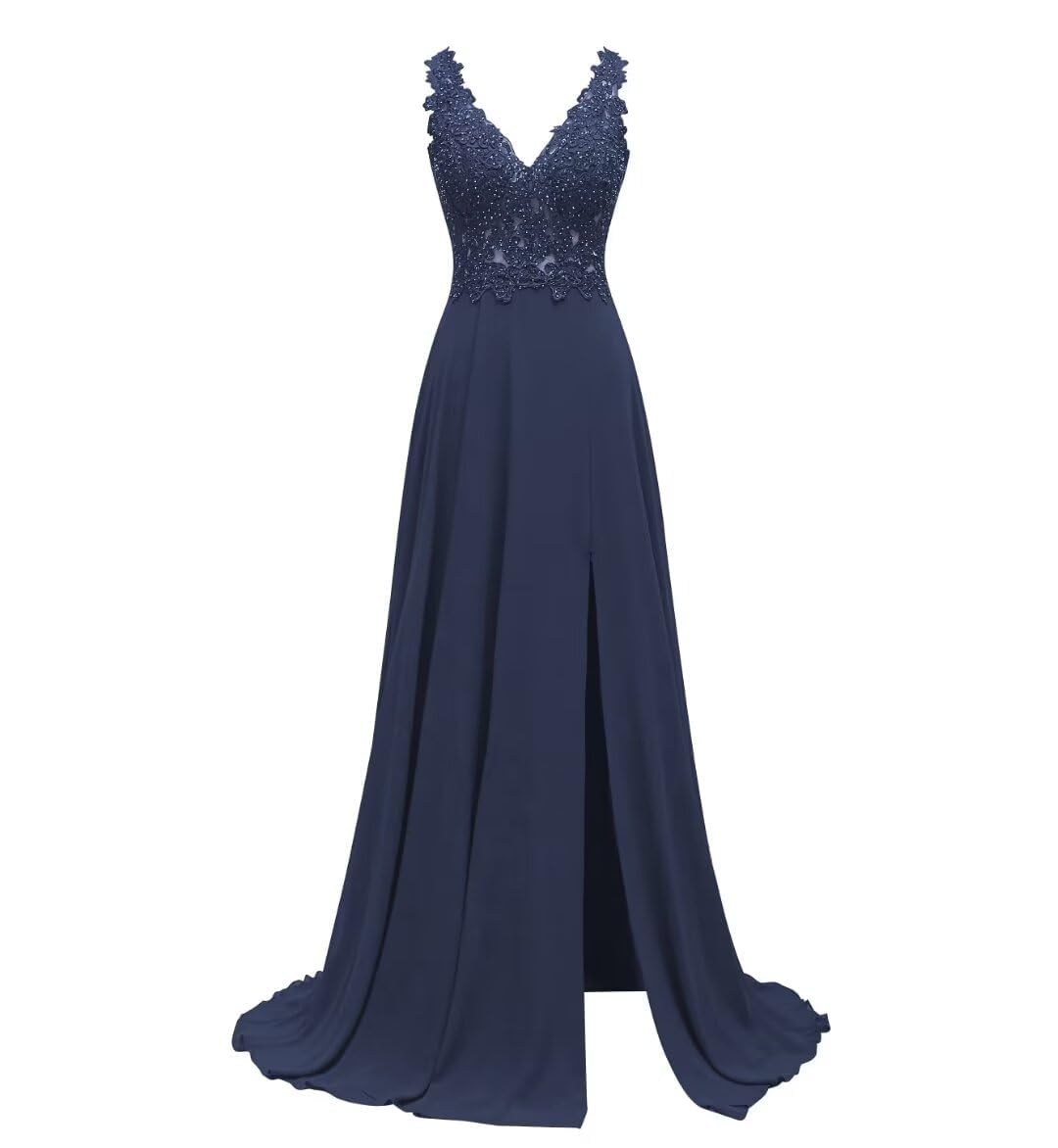 Kurface Women's Navy Blue Lace Applique Chiffon Bridesmaid Dresses With Slit Plus Size Mother Of The Bride Dress For Uk24