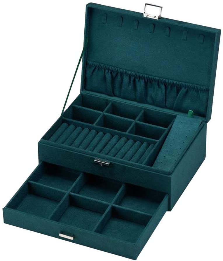 KRISHYAMKRISHYAM Double Layer Portable Travel Jewelry Box with Green Velvet Fannel Display Organizer Storage Case for Necklace, Watch, Earring, Ring, Chain, Bracelet (Color: Green)