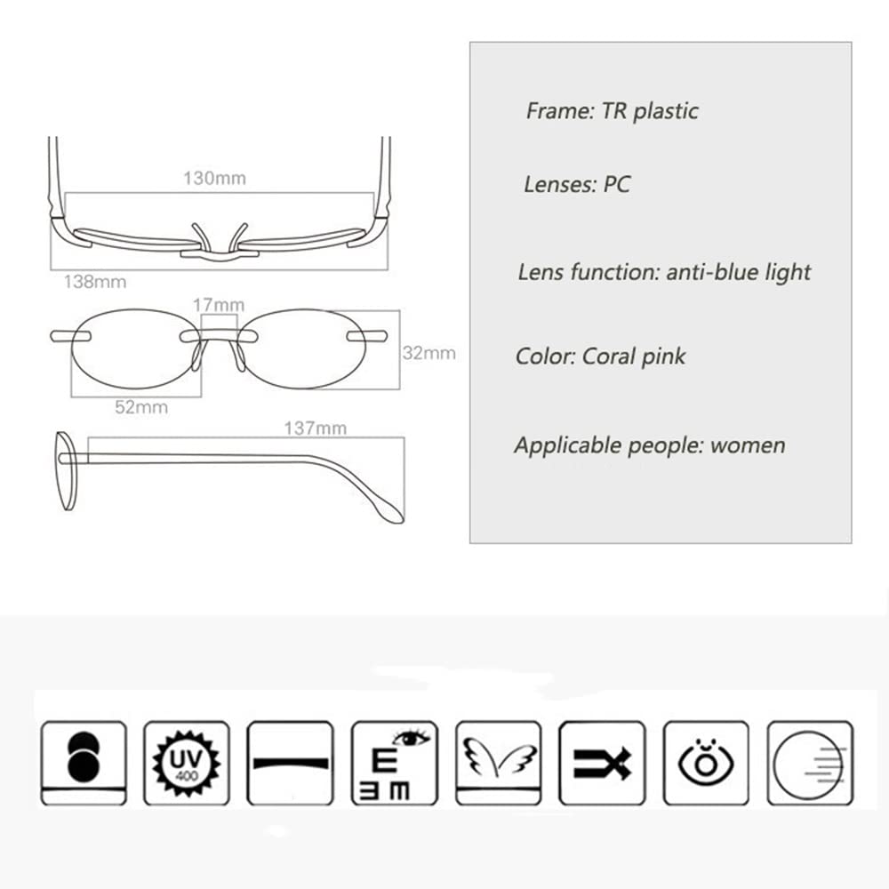FREAZE Damen Brille +1.0 +2.0 Getönte Linse Lesebrille Randlos Anti Blaulicht Lesehilfe Blaulichtfilter Computer Brille Mit Brillenetui Geliefer (Size : +1.0)