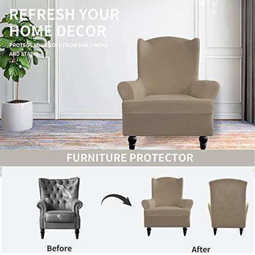 Image of Easy-Going Stretch Wingback Chair Sofa Slipcover Natural | 1-Piece Sofa Cover Furniture Protector Couch Soft with Bottom, Spandex Jacquard