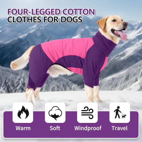 Image of BRKURLEG Full Body Dog Winter Coat Warm Fleece Pullover Pajamas, Four Legs Covered Windproof Dog Jacket for Small to Large Dogs, Turtleneck Dogs Snowsuit, Pet Cold Weather Clothes, Pink Purple XL