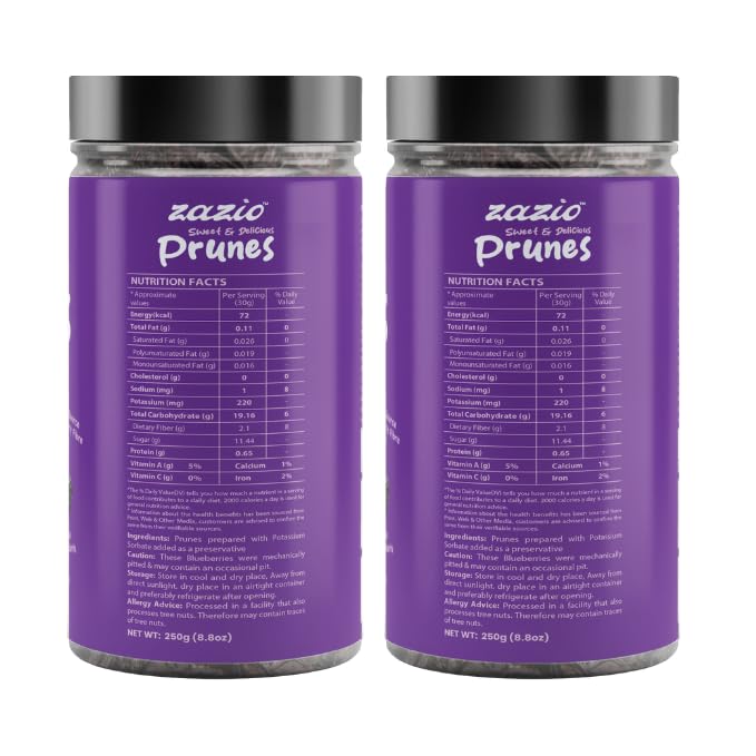Image of Zazio Dried Prunes | RICH, SWEET & NATURALLY WHOLESOME PLUMS | Antioxidant Rich, Super Food, Dried Prunes, Pitted Prune | 250gm (Pack of 2)