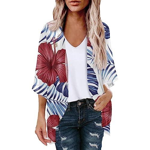 oelaio 3/4 Sleeve Cardigan for Women 2023?Women's Casual Lightweight Open Front Cardigans Soft Floral Print Red