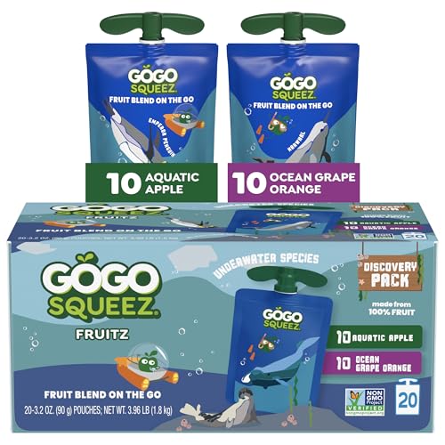 Image of GoGo squeeZ No Sugar Added Applesauce and Fruit Puree Underwater Species Discovery Pack, Aquatic Apple and Ocean Grape, 3.2 oz Pouches (Pack of 20), Fruit Snacks for Kids, Gluten Free, Nut Free, Recloseable Cap, BPA Free