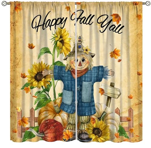Autumn Scarecrow Curtains, Rustic Vintage Brown Sunflower Pumpkin Flower Maple Thanksgiving Blackout Windows Treatments, Thermal Insulated Drapes for Boys Girls Kitchen Living Room Bedroom 42x45in
