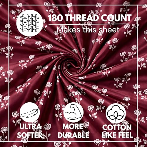 Image of Elastic Fitted King Size Bedsheet Cotton for Double Bed | 72 inchx78 inch +10 Inch, Floral, Soft & Breathable, Fade & Shrink Resistant, 2 Pillow Covers | Ruby Blossom Trail, Wine Maroon