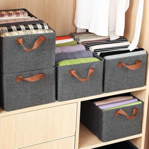 Image of Storage Box and Organiser for Clothes | Cloth Organizer for Storage | Clothes Wardrobe Organizer for Storage | Fits in Small Closet & Room Corner | Pack of 6, Grey