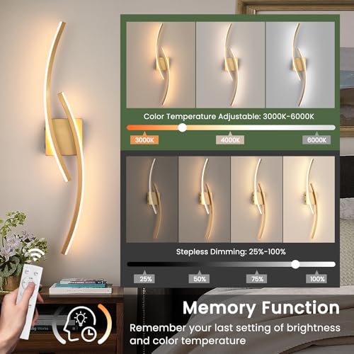 Image of Battery Operated Wall Sconce Set of 2,Gold Wall Sconces with Remote Control,3000K-6000K Modern LED Wireless Wall Light for Living Room, Hallway, Bedroom, 31.89 Inch (2 Pack)