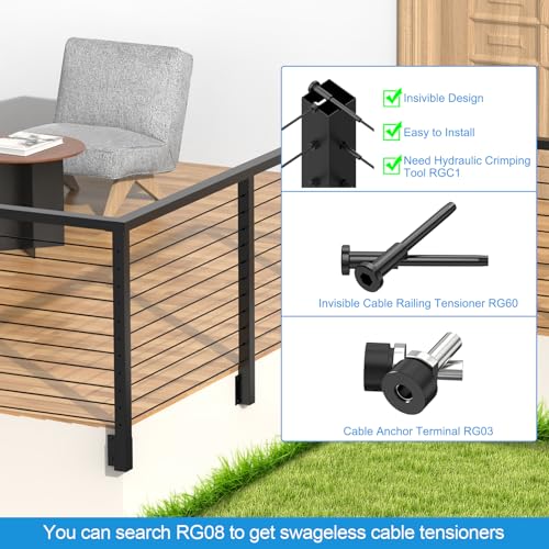 Image of 36 inch Side Mount Outside Corner Cable Post, 3-Side Drilled Flat Top Outer Corner Post(Post 44 inchx2 inchx2 inch), Space-Saving Fascia Mount Cable Railing System, Stainless Steel Wire Railing Kits, RG74