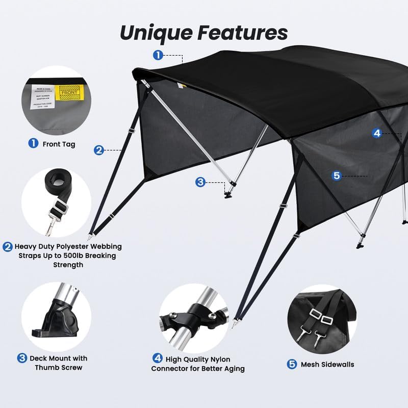 kakit 3 4 bow bimini tops with mesh sidewalls support poles for boats marine grade canvas top includes 2 straps storage boot 1 inch aluminum frame black 3 bow 6'l x 46" h x 67"-72" w