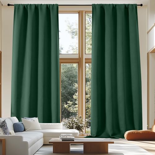 Simplebrand Blackout Extra 10ft Curtains for Patio 120 Inches Long 2 Panels Set, Solid Thermal Insulated Energy Saving Rod Pocket Window Treatment Curtains Blackout Drapes, 50" Wx120 L, Ever Green