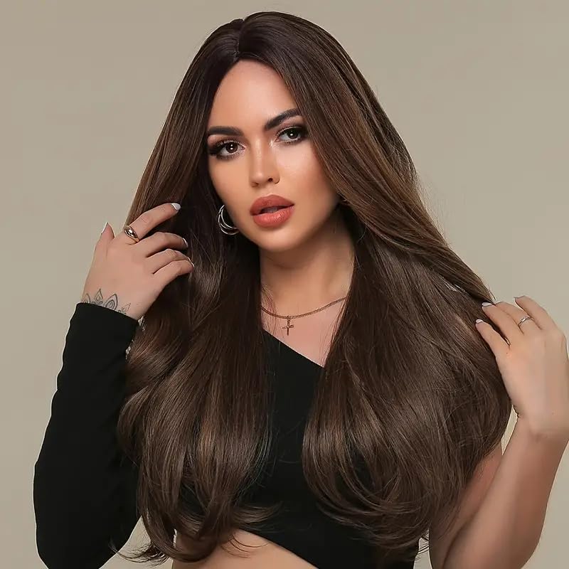 Image of Women's 26 Inch Straight Brown Synthetic Hair Wig | Full Head Natural Looking Heat Resistant Wig | Washable Cosplay, Party & Fashion | Includes Wig Cap & Comb