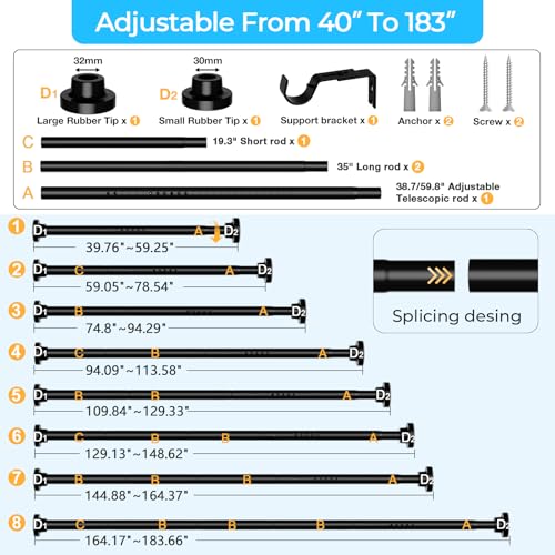 Image of MEXAU Black Tension Curtain Rod 40-183 Inch Long Tension Rod 1.26 inch Spring Tension Curtain Rod Adjustable Curtain Rods No Drilling Tension Shower Rod Curtain Tension Rod for Bathroom Windows Doorways