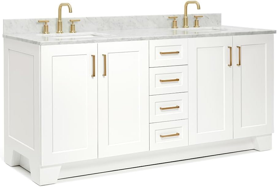 ARIEL Taylor 72-inch Bathroom Vanity with Sink,Solid Wood, 0.75-inch Italian Carrara Marble Countertop, Double Rectangular Porcelain Sink, 4 Soft Closing Doors, 6 Dovetail Drawers, White